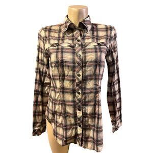 Cabi Womens Small Plaid Floral Mixed Media Button Down Shirt Pink Navy White S